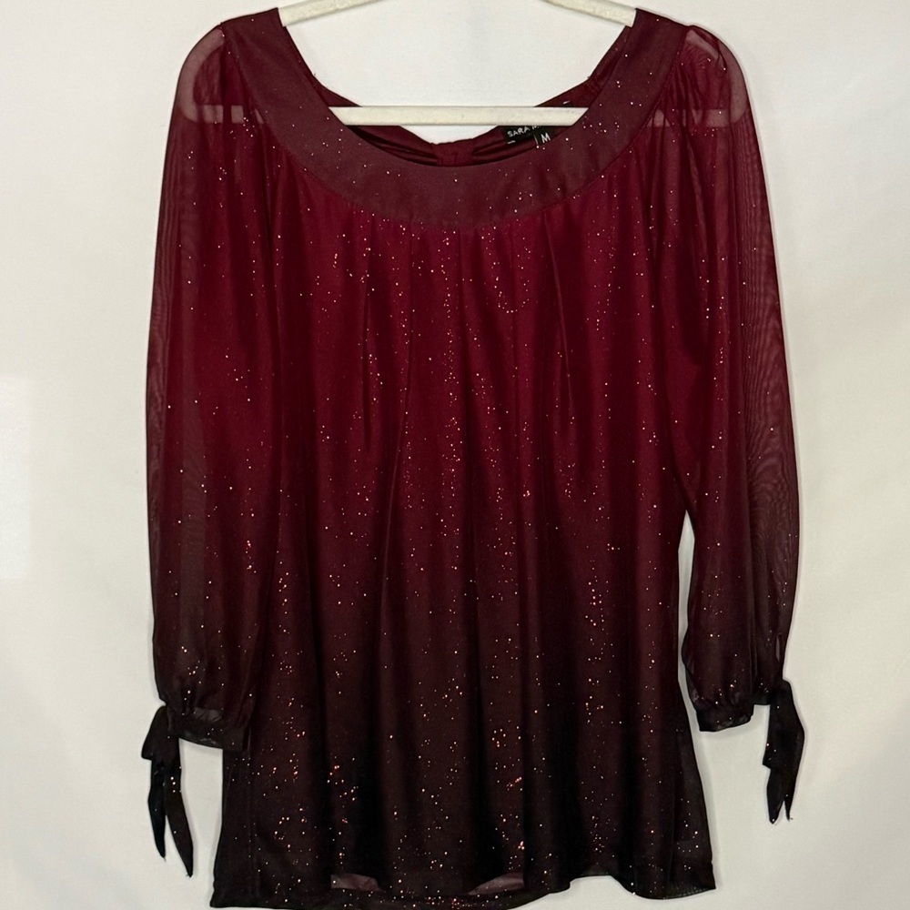 Sara Michelle Maroon Ombre Glitter Long Sleeve Top w/ Tie Cuffs | Medium | EUC